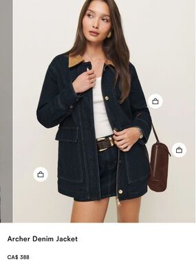 Reformation Navy Denim Field Jacket with Brown Corduroy Collar